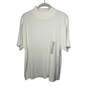 NWT Studio Works Cream Ribbed Mock Neck Short Sleeve Blouse Women's XL